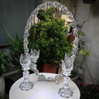 سرویس آیینه و شمعدان عقد و عروس , آینه سایز 50 مدل گل مینا روکش نقره