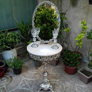 ایینه و شمعدان عروس ، اینه مدل گل مینا نقره ای روکش نقره