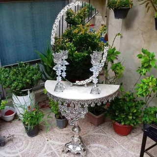 سرویس آینه و شمعدان و میز عروس ، آیینه مدل گل رز روکش نقره