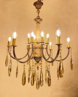 لوستر 6 شاخه 12 شعله برنجی برنزی سنگی با آویز در سه رنگ مختلف