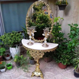 سرویس کامل آینه و شمعدان و میز عروس ، ایینه مدل گل رز طلایی طرح برنز