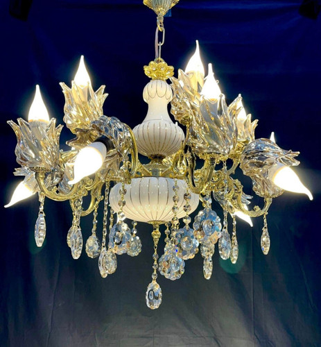 لوستر 10 شاخه 15 شعله برنجی برنزی سرامیکی خطی مدل لاله واژگون با لاله و آویز