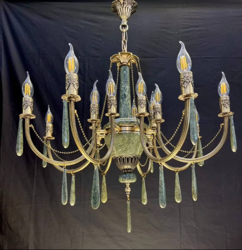 لوستر 8 شاخه 16 شعله برنجی برنزی سنگی با آویز سنگی و غلاف طرحدار