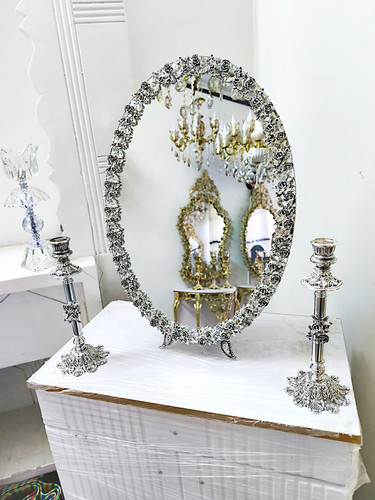 سرویس آیینه و شمعدان عقد و عروس , آینه سایز 50 مدل گل رز روکش نقره