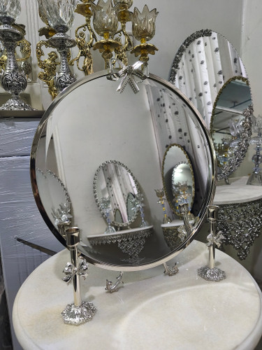 آیینه و شمعدان عقد و عروس , آینه مدل پاپیون قطر 40 تمام برنزی روکش نقره