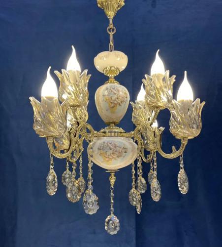 لوستر 4 شاخه 8 شعله برنجی برنزی سرامیکی لیلی مجنون با لاله و آویز