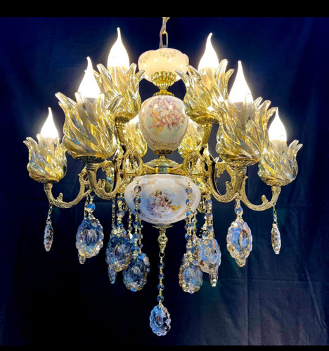 لوستر 6 شاخه 12 شعله برنجی برنزی سرامیکی لیلی مجنون با لاله و آویز