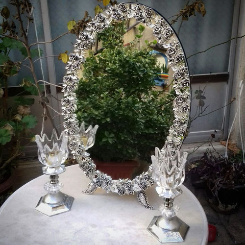 آیینه و شمعدان عقد و عروس ، آینه سایز 45 مدل گل رز روکش نقره