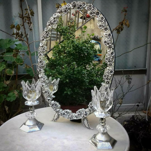 ایینه و شمعدان عقد و عروس ، اینه سایز 45 مدل گل مینا روکش نقره