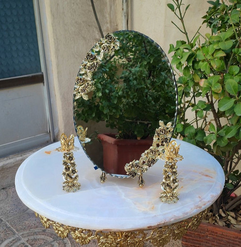 اینه و شمعدان بله برون و نامزدی و هفت سین ، ایینه مدل گل رز طلایی طرح برنز